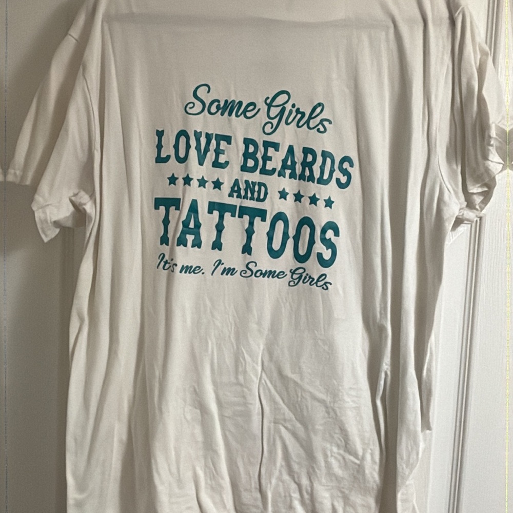 White Graphic Tee with Blue Text